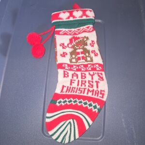 Vintage Baby's First Christmas Knit Stocking - Red, White & Green